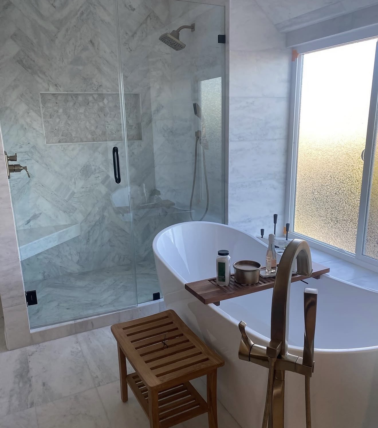 Full marble master bath with glass shower suite